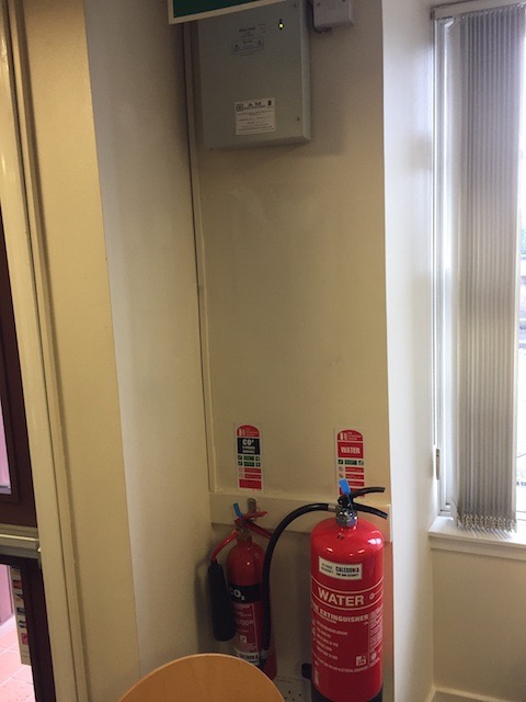 Alarm box + extinguishers